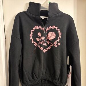 Celebrity Pink Black Fleece Jogger with Pink Rose Embroidery